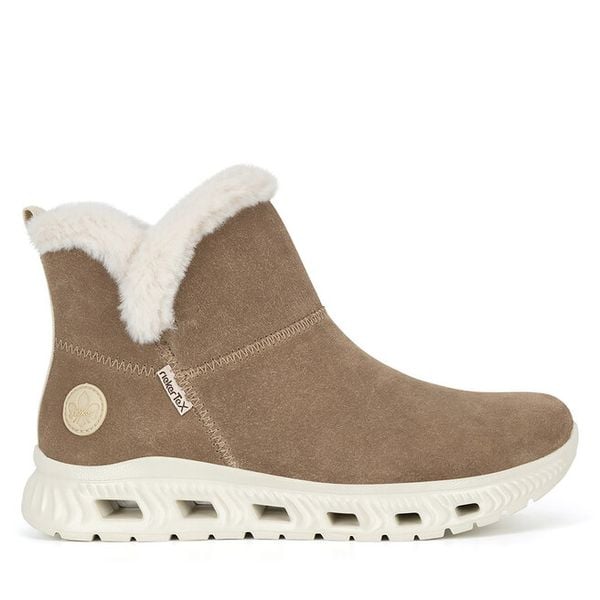 Botki Rieker. Brązowe botki Rieker, bez wzorów, bez obcasa, na płaskiej podeszwie, bez zapięcia. Za 311,00 zł.