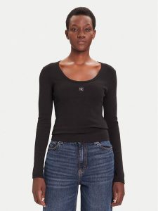 Calvin Klein Jeans Bluzka LV047D218G Czarny Slim Fit. Czarne bluzki Calvin Klein Jeans, m, bez wzorów, z bawełny, bez kołnierzyka, bez ramiączek. Za 159,99 zł.