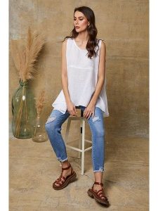 Joséfine Lniany top "Ottilie" w kolorze białym rozmiar: M. Białe topy Joséfine, m, bez wzorów, ze lnu, bez kołnierzyka, bez ramiączek. Za 130,99 zł.