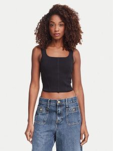 Guess Top W6YZ08 Z0979 Czarny Slim Fit. Czarne topy Guess, xs, z aplikacjami, z syntetyku, bez kołnierzyka, bez ramiączek. Za 192,99 zł.
