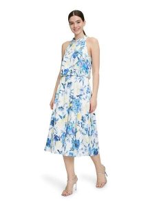 Vera Mont Sukienka w kolorze kremowo-błękitnym rozmiar: 42. Brązowe sukienki Vera Mont, bez wzorów, bez kołnierzyka, bez ramiączek, midi, rozkloszowane. Za 260,99 zł.