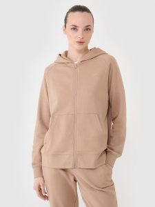 4F Bluza dresowa rozpinana z kapturem damska - beżowa XS. Brązowe bluzy 4f, xs, bez wzorów, z bawełny, z kapturem. Za 159,99 zł.
