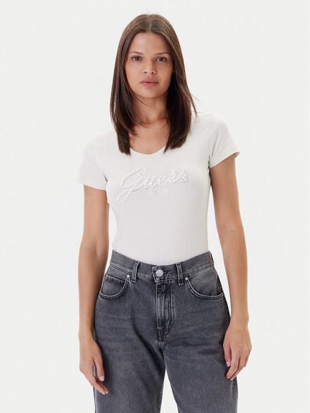Guess T-Shirt W5YI46 J1314 Écru Slim Fit. T-shirty Guess, l, z aplikacjami, z bawełny, bez kołnierzyka, bez ramiączek. Za 119,99 zł.