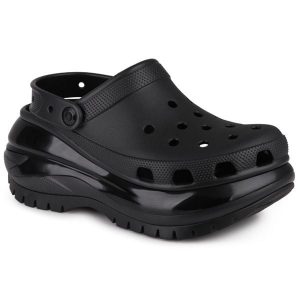 Klapki chodaki damskie sportowe Crocs MEGA CRUSH. Czarne klapki Crocs, bez wzorów, z jeansu, bez obcasa, na platformie. Za 279,00 zł.
