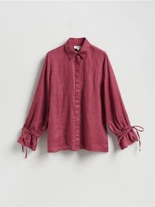 Lniana koszula z wiązaniami - brudny róż. Czerwone koszule Reserved, l, bez wzorów, z tkaniny, bez kołnierzyka, bez ramiączek. Za 199,99 zł.