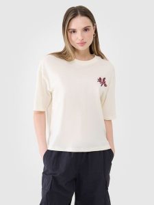 4F T-shirt oversize z nadrukiem damski - biały XL. Białe t-shirty 4f, xl, bez wzorów, z bawełny, bez kołnierzyka, bez ramiączek. W wyprzedaży za 39,99 zł.