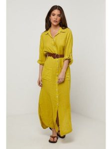 Le Monde du Lin Lniana sukienka w kolorze żółtym rozmiar: 36/38. Żółte sukienki Le Monde du Lin, bez wzorów, ze lnu, bez kołnierzyka, bez ramiączek, maxi. Za 195,99 zł.