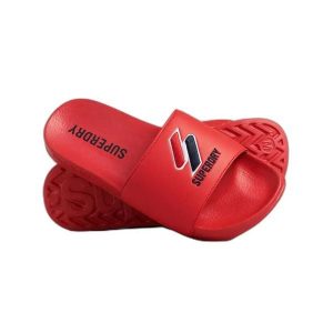 Klapki damskie Superdry Core. Czerwone klapki Superdry, bez wzorów, z materiału, bez obcasa. Za 128,00 zł.