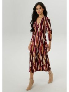 Aniston Sukienka w kolorze bordowo-beżowo-jasnobrązowym rozmiar: 40. Brązowe sukienki Aniston, bez wzorów, z wiskozy, bez kołnierzyka, bez ramiączek, midi, kopertowe. Za 79,77 zł.