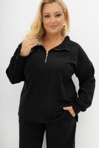 Oversizowa prążkowana czarna bluza Good Day Ahead z kołnierzem i zamkiem Plus Size Oversize. Czarne bluzy Moda Size Plus Iwanek, l, bez wzorów, z dzianiny, bez kaptura. Za 219,90 zł.