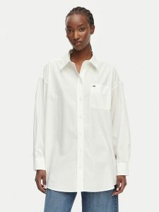 Tommy Jeans Koszula Essential DW0DW22936 Biały Oversize. Białe koszule Tommy Jeans, s, bez wzorów, z bawełny, bez kołnierzyka, bez ramiączek. Za 449,99 zł.