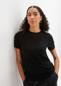 T-shirt z aplikacją z perełek. Czarne t-shirty bonprix, z aplikacjami, bez kołnierzyka, bez ramiączek. Za 84,99 zł.