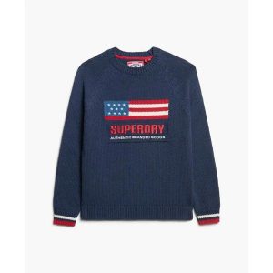 Damski sweter z okrągłym dekoltem Superdry Americana. Niebieskie swetry klasyczne Superdry, na zimę, bez kołnierzyka. Za 344,30 zł.
