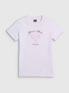 4F T-shirt regular z nadrukiem damski - biały XS. Białe t-shirty 4f, xs, bez wzorów, z bawełny, bez kołnierzyka, bez ramiączek. Za 59,99 zł.