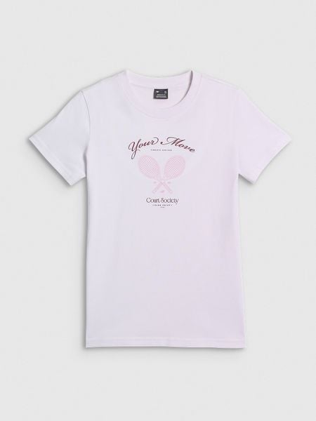 4F T-shirt regular z nadrukiem damski - biały XS. Białe t-shirty 4f, xs, bez wzorów, z bawełny, bez kołnierzyka, bez ramiączek. Za 59,99 zł.