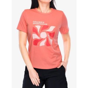 Koszulka damska Columbia Sun Trek Graphic S/S III. Czerwone koszulki sportowe Columbia, bez wzorów, bez ramiączek. Za 109,99 zł.