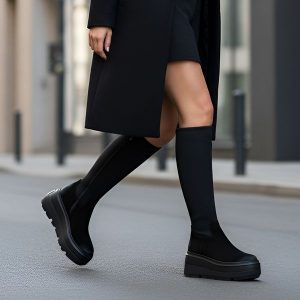 Kozaki damskie CheBello, eleganckie ze skóry i na grubej wysokiej platformie, czarne, 4741-034-415-MIC-S332. Czarne kozaki CheBello, bez wzorów, ze skóry, przed kolano, bez obcasa, na platformie, bez zapięcia. Za 552,99 zł.