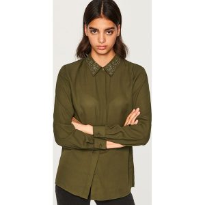 Koszula z ozdobnym kołnierzem - Khaki. Brązowe koszule marki Reserved. W wyprzedaży za 39,99 zł.
