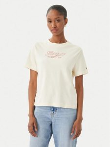 Tommy Hilfiger T-Shirt Logo Interlock WW0WW48707 Beżowy jasny Regular Fit. Brązowe t-shirty TOMMY HILFIGER, m, bez wzorów, z bawełny, bez kołnierzyka, bez ramiączek. Za 209,99 zł.