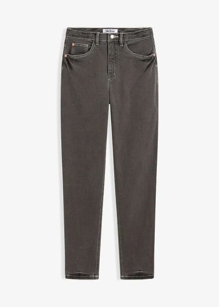 Dżinsy mom, wysoki stan, ze stretchem. Szare jeansy bonprix, bez wzorów, z jeansu, z podwyższonym stanem. Za 124,99 zł.