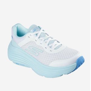 Sneakersy damskie Skechers Max Cushioning. Niebieskie buty sportowe Skechers, bez wzorów, bez zapięcia. Za 199,99 zł.