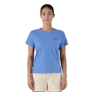 Koszulka trekkingowa damska P-6 Logo Responsibili-Tee Women. Niebieskie koszulki sportowe Patagonia, bez wzorów, bez ramiączek. Za 139,99 zł.