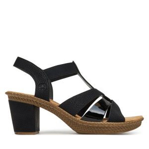 Sandały Rieker. Czarne sandały Rieker, bez wzorów, bez obcasa, na słupku, bez zapięcia. Za 299,99 zł.