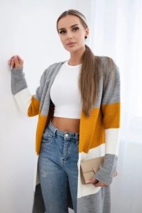Sweter Kardigan w pasy szary+musztardowy. Szare długie swetry KESI, l, z wełny, bez kołnierzyka, plus size. Za 178,78 zł.