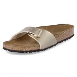 Klapki damskie Birkenstock Madrid. Żółte klapki Birkenstock, bez wzorów, z materiału, bez obcasa. Za 339,00 zł.