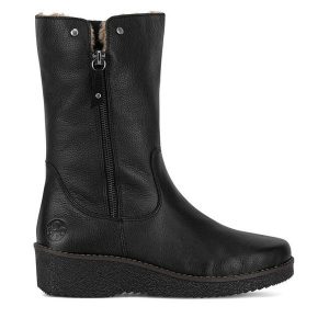 Kozaki Rieker. Czarne kozaki Rieker, bez wzorów, bez obcasa, na koturnie, bez zapięcia. Za 314,99 zł.