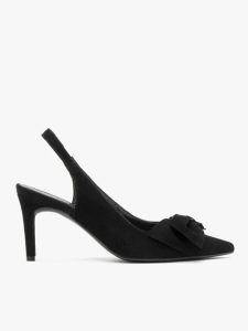 Welurowe czółenka typu slingback z kokardą. Czarne czółenka Brawo sp. z o.o., bez wzorów, z gumy, bez obcasa, na szpilce, bez zapięcia. Za 379,99 zł.