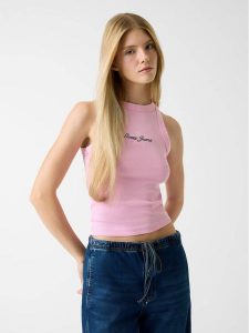 Guess Jeans Top 180345 Różowy Classic Fit. Czerwone topy Guess Jeans, xxl, z aplikacjami, z jeansu, bez kołnierzyka, bez ramiączek. Za 159,99 zł.