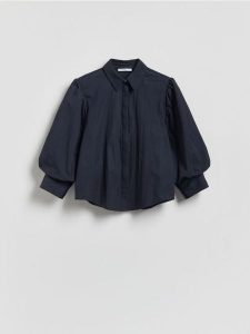 Koszula z bufiastymi rękawami - granatowy. Niebieskie koszule Reserved, l, bez wzorów, z bawełny, bez kołnierzyka, bez ramiączek. Za 139,99 zł.