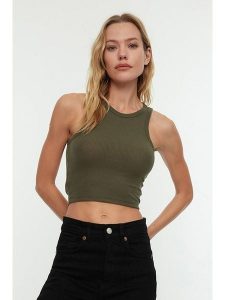Trendyol Top w kolorze khaki rozmiar: S. Brązowe topy Trendyol, s, bez wzorów, bez kołnierzyka, bez ramiączek. Za 21,92 zł.