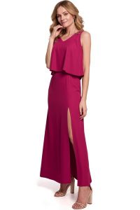 Długa zmysłowa sukienka z falbaną i rozcięciem burgundowa. Czerwone sukienki Sukienki.shop, na imprezę, xl, bez wzorów, eleganckie, bez kołnierzyka, bez ramiączek, maxi. Za 349,00 zł.
