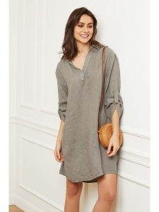 Fleur de Lin Lniana sukienka "Basta" w kolorze szarobrązowym rozmiar: XXL. Brązowe sukienki Fleur de Lin, xxl, bez wzorów, ze lnu, bez kołnierzyka, bez ramiączek, mini. Za 143,99 zł.