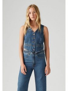 Levi's Kamizelka dżinsowa w kolorze niebieskim rozmiar: M. Niebieskie kamizelki Levi's®, m, bez wzorów, z bawełny, bez kołnierzyka, bez ramiączek, bez kaptura. Za 174,43 zł.