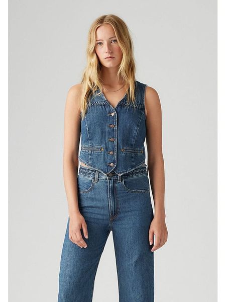 Levi's Kamizelka dżinsowa w kolorze niebieskim rozmiar: M. Niebieskie kamizelki Levi's®, m, bez wzorów, z bawełny, bez kołnierzyka, bez ramiączek, bez kaptura. Za 165,71 zł.