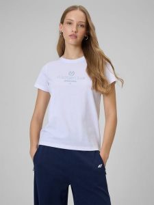4F T-shirt regular z nadrukiem damski - biały M. Białe t-shirty 4f, m, bez wzorów, z dzianiny, bez kołnierzyka, bez ramiączek. Za 59,99 zł.