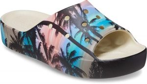 Klapki Dla Dorosłych Crocs Classic Platform Retro Resort Slide. Czarne klapki Crocs, bez wzorów, z materiału, bez obcasa. Za 119,99 zł.