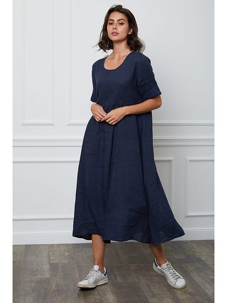 Fleur de Lin Lniana sukienka "Gustavo" w kolorze granatowym rozmiar: XL. Niebieskie sukienki Fleur de Lin, xl, bez wzorów, ze lnu, bez kołnierzyka, bez ramiączek, maxi. Za 174,43 zł.
