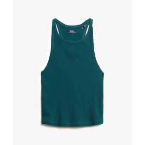 Tank top z plecami typu racer i logiem dla kobiet Superdry Essential. Zielone topy Superdry, bez wzorów, bez kołnierzyka, bez ramiączek. Za 103,85 zł.