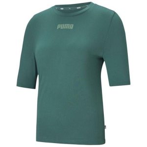 Koszulka damska Puma Modern Basics Tee Cloud zielona. Zielone bluzki Puma, xs, bez wzorów, sportowe, bez kołnierzyka, bez ramiączek. Za 69,00 zł.