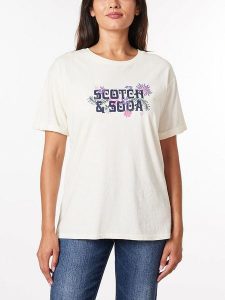 Scotch & Soda Koszulka w kolorze kremowym rozmiar: XS. Brązowe bluzki Scotch & Soda, xs, z aplikacjami, z bawełny, bez kołnierzyka, bez ramiączek. Za 70,24 zł.