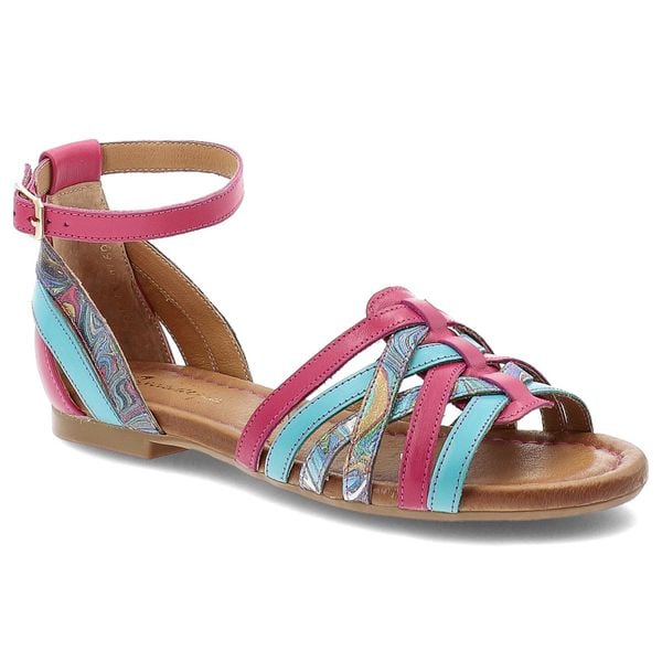 Sandały damskie Maciejka, rzymianki ze skóry naturalnej na płaskim obcasie zapinane sprzaczką, różowo-niebieskie, 06974-39-00-1. Niebieskie sandały Maciejka, z aplikacjami, ze skóry, bez obcasa, na płaskiej podeszwie, bez zapięcia. Za 341,90 zł.