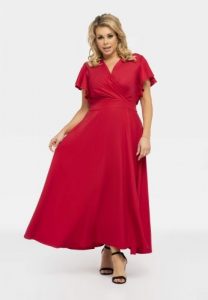 Sukienka połyskująca na wesele maxi z rozporkiem kopertowy dekolt AKSENA malina. Sukienki KARKO, na studniówkę, l, bez wzorów, z elastanu, wizytowe, bez kołnierzyka, plus size, bez ramiączek, maxi, kopertowe. Za 289,50 zł.