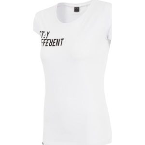 T-shirt damski TSD260Z - biały. Białe t-shirty marki 4f, z nadrukiem, z bawełny, z krótkim rękawem. W wyprzedaży za 19,99 zł.