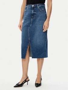 BOSS Spódnica jeansowa midi 50512588 Niebieski Slim Fit. Niebieskie spódnice Boss, bez wzorów, z bawełny, midi. Za 399,99 zł.