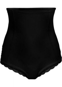 Figi modelujące z koronkową wstawką, silny stopień modelowania sylwetki. Czarne figi bonprix, bez wzorów, z koronki. Za 82,99 zł.