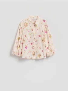 Bawełniana koszula w kwiaty - różowy. Czerwone koszule Reserved, l, bez wzorów, z bawełny, bez kołnierzyka, bez ramiączek. Za 129,99 zł.